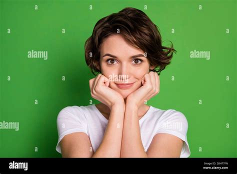 Closeup Photo Of Cute Attractive Adorable Lady Curly Hairdo Arms On