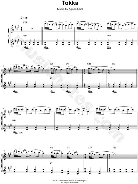 Agnes Obel Tokka Sheet Music Piano Solo In F Minor Download