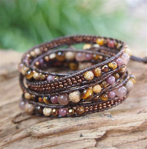 Jasper Mix Wrap Bracelet On Brown Cord Boho Wrap Bracelet Etsy