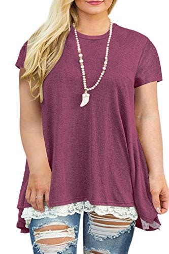 Womens Plus Size Tunics Short Sleeve Lace Swing Tunic Shirt Tops Wine