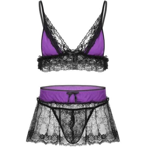 YONGHS FR Lingerie Sissy Homme Sexy Dentelle Soutien Gorge String Jupe Transparente M XL