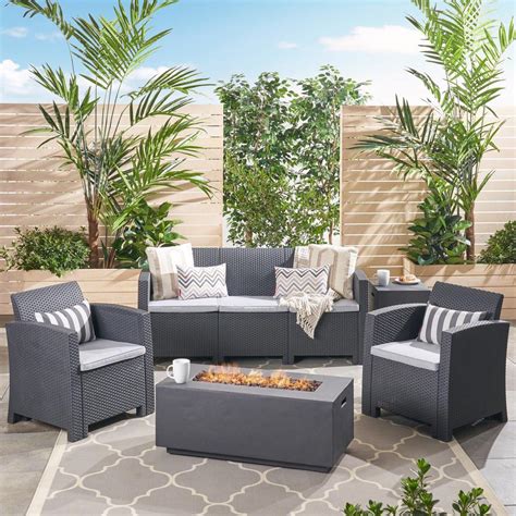 Noble House Mercier Piece Faux Rattan Patio Fire Pit Conversation Set