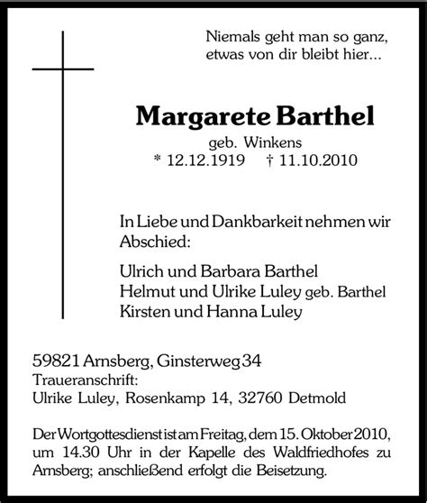 Traueranzeigen Von Margarete Barthel Trauer In Nrw De