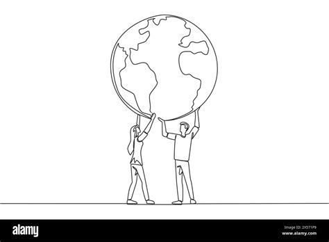 Single Continuous Line Drawing A Man And A Woman Hold Up A Globe