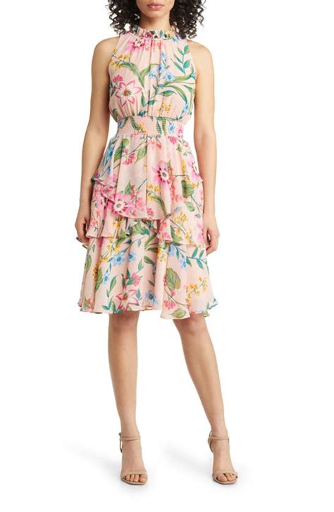 Eliza J Floral Sleeveless Smock Waist Dress In Blush Modesens