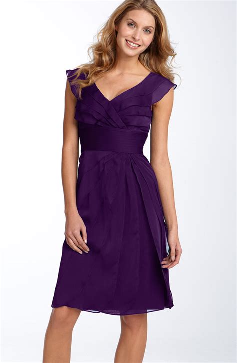 Purple Sheath Column Cap Sleeved V Neck Knee Length Zipper Ruched