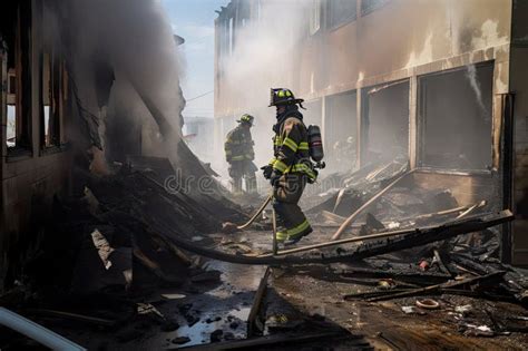 Firefighters Douse Flames And Search For Any Remaining Fire Hot Spots