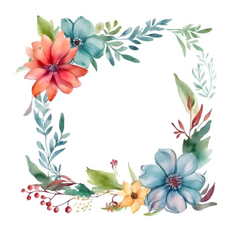 Colorful Watercolor Floral Border With Blooming Flowers And Leaves