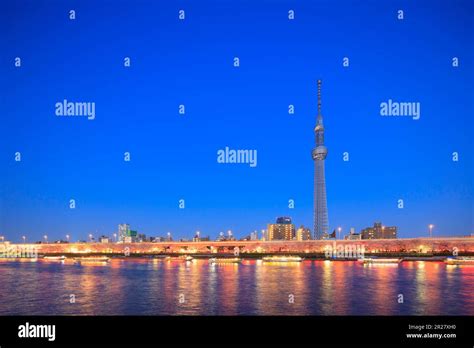 Blooming Cherry Blossom Trees And Pleasure Boats Along Sumida River And