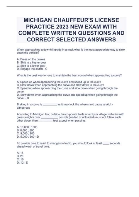 Michigan Chauffeur S License Practice 2023 New Exam With Complete Written Questions And Correct