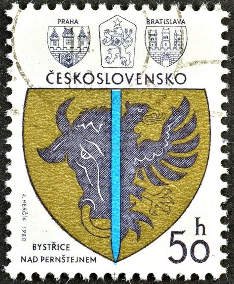 Cancelled Postage Stamp Printed By Czechoslovakia That Shows Coat Of