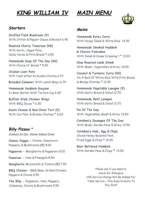 Menu at The King William Ⅳ Pub East Horsley