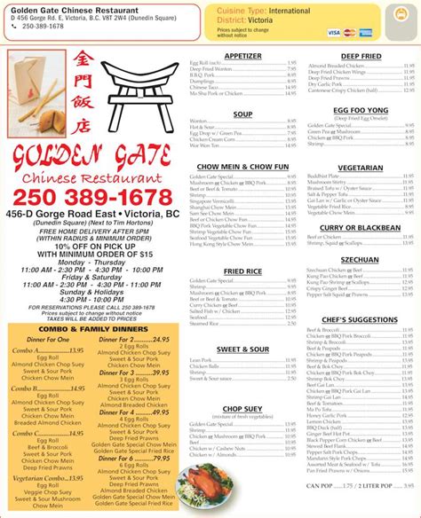 Golden Gate Chinese Restaurant Menu Hours And Prices 456d Gorge Rd E