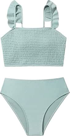 Amazon Oyoangle Girl S Bikini Set Ruffle Strap Shirred Wireless Mid Rise Piece Bathing