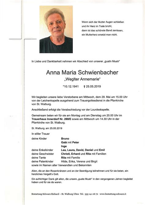 Anna Maria Schwienbacher Aus Ulten Trauerhilfe It Das S Dtiroler