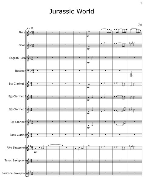 Jurassic World Sheet Music For Flute Oboe English Horn Bassoon Clarinet Alto Saxophone