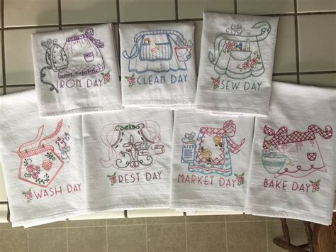 Set Of 7 Hand Embroidered Kitchen Towels With Apron Days Of Etsy