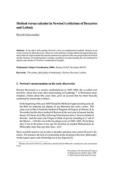 PDF Method Versus Calculus In Newtons Criticisms Of Descartes