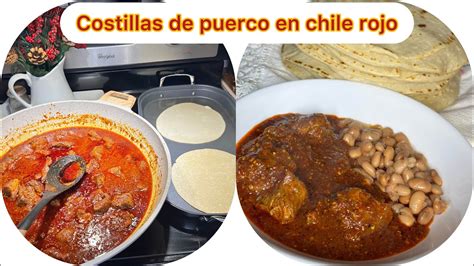 Costillitas De Puerco En Salsa Roja Y Frijoles De La Olla Con Tortillas