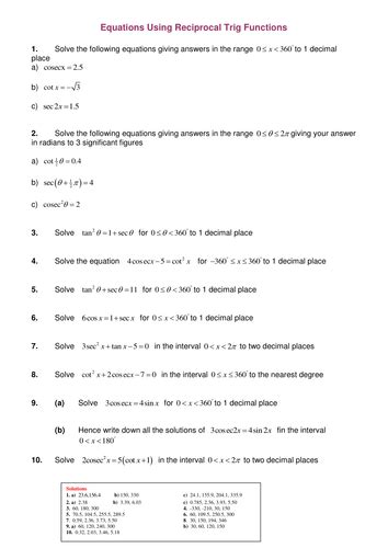 A Level Maths Reciprocal Trig Functions Worksheet Teaching Resources