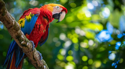 Colorful Parrot On Branch Macaw In Natural Habitat Tropical Bird In