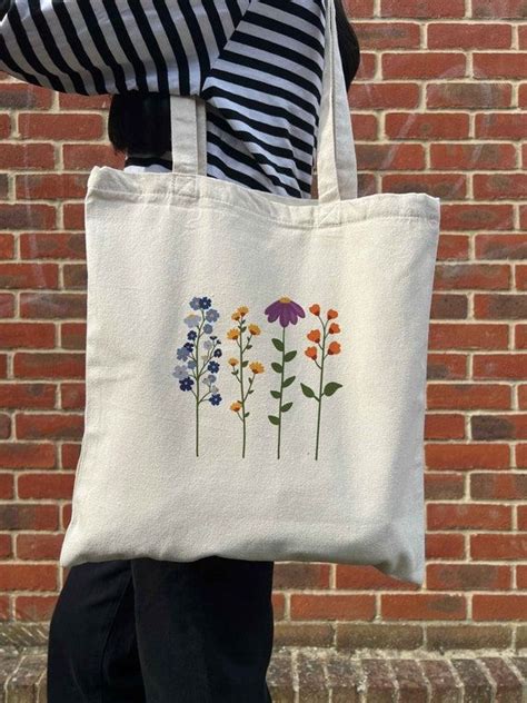 Cute Colourful Wildflower Aesthetic Design On Canvas Tote Bag Cosy Fun