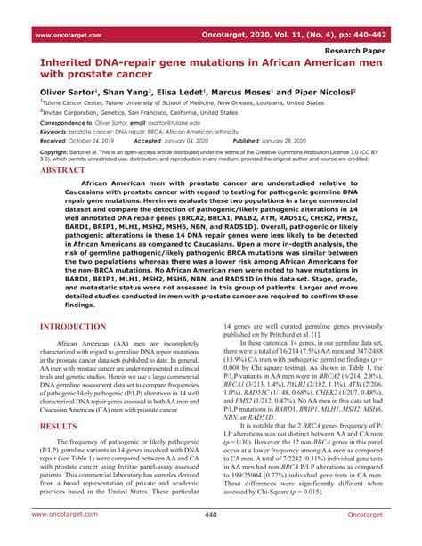 PDF Inherited DNA Repair Gene Mutations In African American Men With