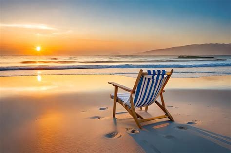 Premium AI Image A Beach Chair On A Beach With The Sun Setting Behind It