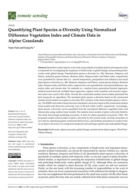 Pdf Quantifying Plant Species α Diversity Using Normalized Difference