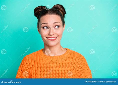 Photo Portrait Of Pretty Girl Looking Empty Space Orange Sweater Biting