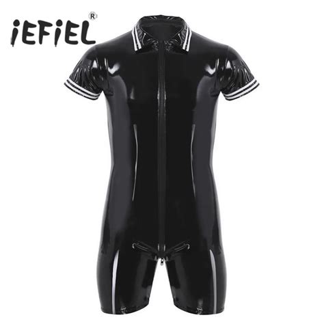 Iefiel Mens Latex Wetlook Sexy Lingerie Clubwear Patent Leather Front