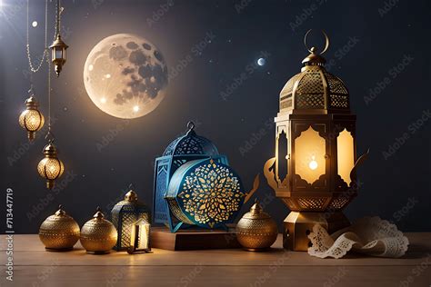 Arabia Sahara Lantern And Moon Setup For Greeting Ramadan Or Eid