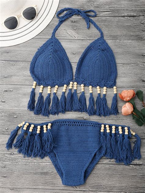 Off Beaded Tassel Crochet Bikini In Ice Blue Zaful