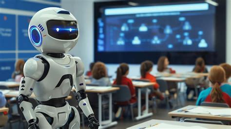 premium photo  humanoid robot teacher standing  front