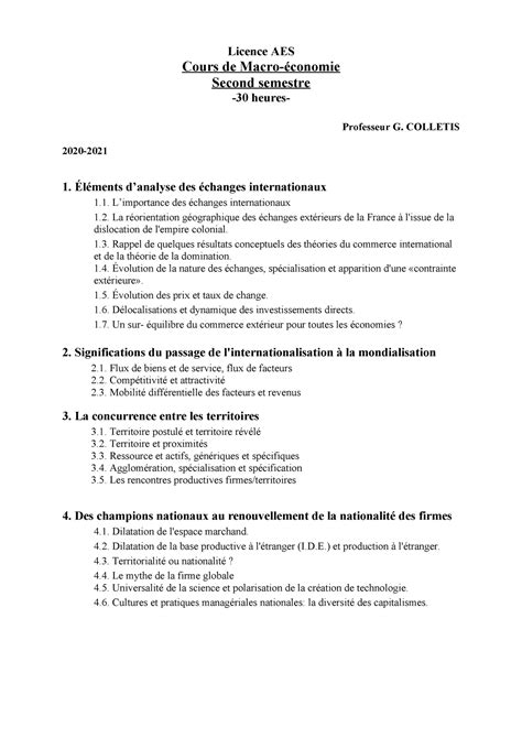 Syllabus Licence Aes Cours Macro Economie Second Semestre Ann E