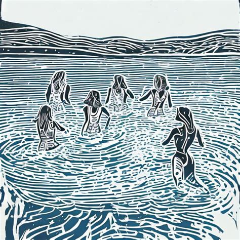 Lino Print Of Women Outdoor Swimming