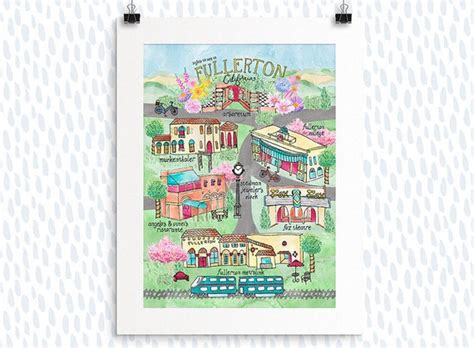 Fullerton California Map Print Illustration Watercolor