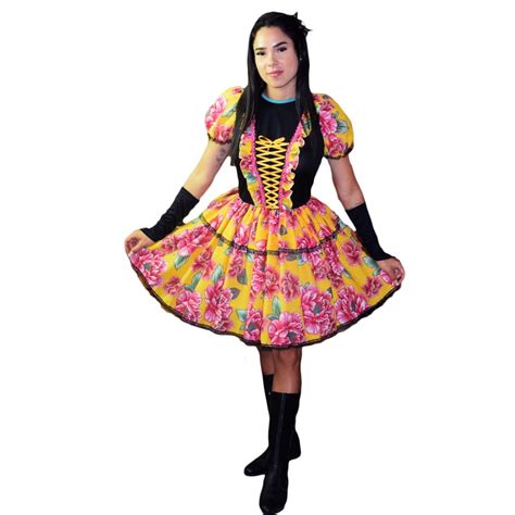 Vestido De Festa Junina Caipira Adulto Luva E Fitas De Cabelo No