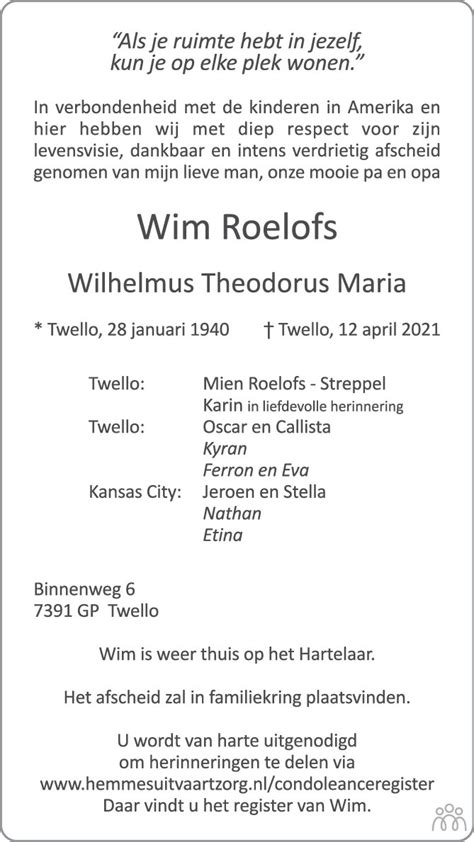 Wim Wilhelmus Theodorus Maria Roelofs 12 04 2021 Overlijdensbericht