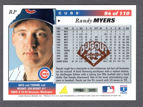 1996 SCORE RANDY MYERS DUGOUT COLLECTION CARD 94 NM MT CHICAGO