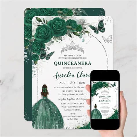 Invitaci N Floral Verde Esmeralda Princesa Plata Quincea Era Zazzle Es