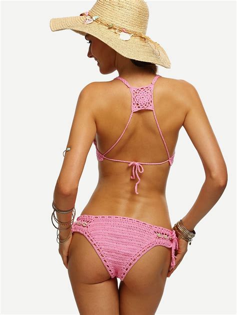 Pink Hollow Out Crochet Bikini Set Shein Sheinside