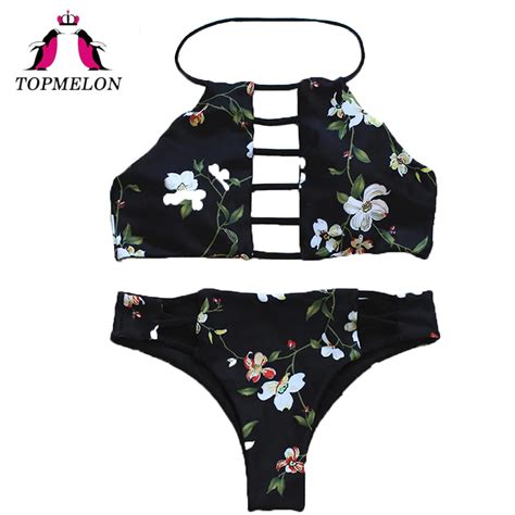 Topmelon Bikini Set Sexy Women Print Halter Black Hollow Out Backless Triangle Bikini Beachwear