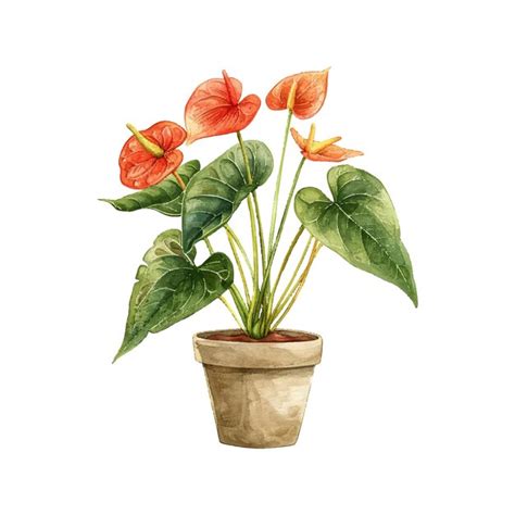 Anthurium Flower On Pot Vector Illustration In Watercolor Style