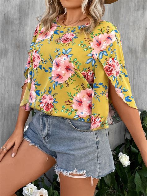 Shein Lune Plus Floral Print Petal Sleeve Blouse Shein Usa