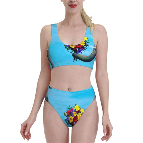 Adobk Elephant Trunk Couple Flowers Print Women High Waisted Bikini Set Sports Swimsuit Bathing