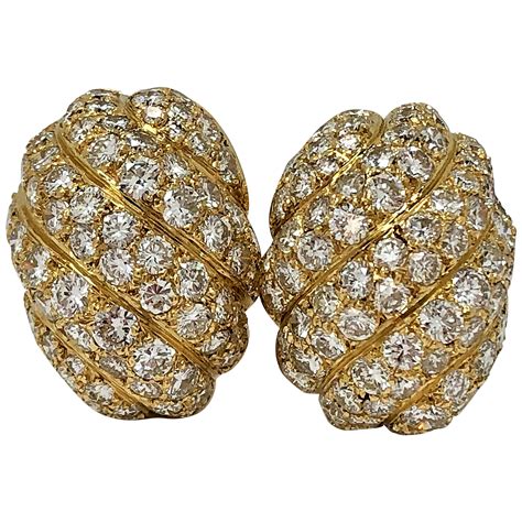 Mid Size French Gold and Diamond Clip on Dome Earrings in a Swirl ...