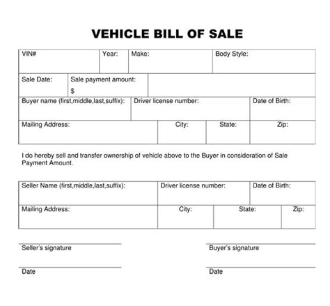 Free Printable Vehicle Bill Of Sale Template Form Generic