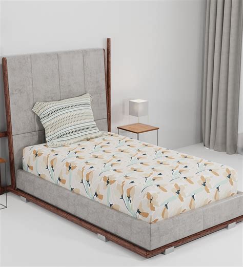 Buy Beige Floral 144 Tc 100 Cotton Single Bed Sized Bed Sheets With 2