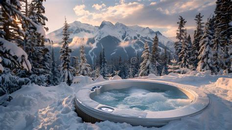 Hot Tub Surrounded By Snowy Forest Mountains In The Background Stock Photo Image Of Holiday